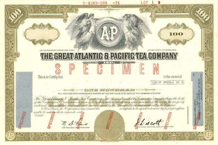 Great Atlantic and Pacific Tea Co. (A and P) - Specimen Stock Certificate